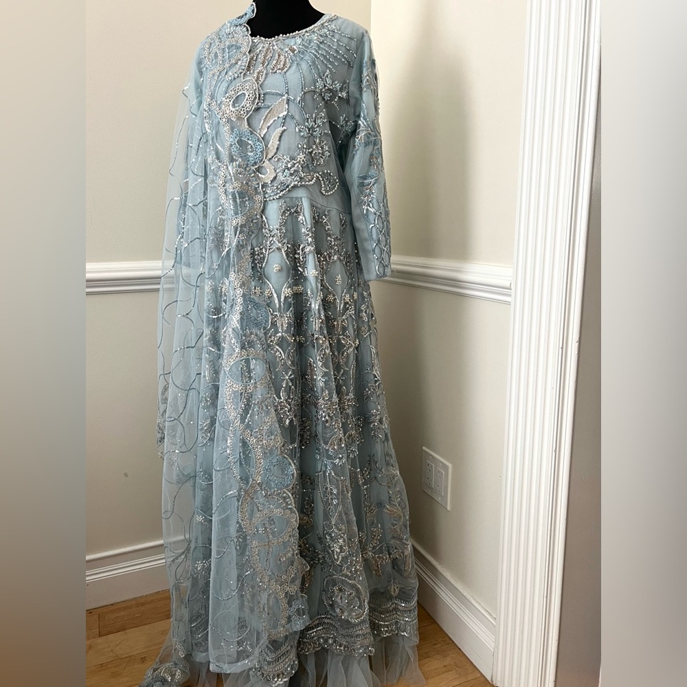 Elegant Blue Embroidered Maxi Dress Pakistani Ready to Wear Size L
